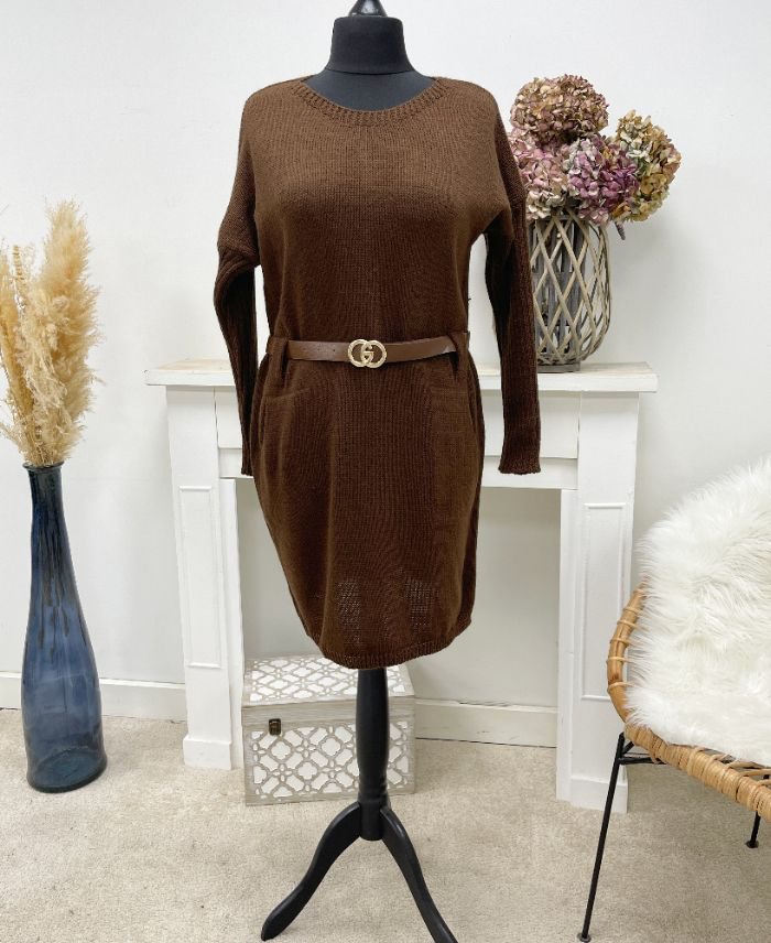 Robe pull en mailles chocolat + ceinture