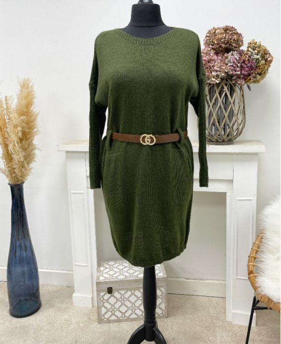 Robe pull en mailles kaki + ceinture