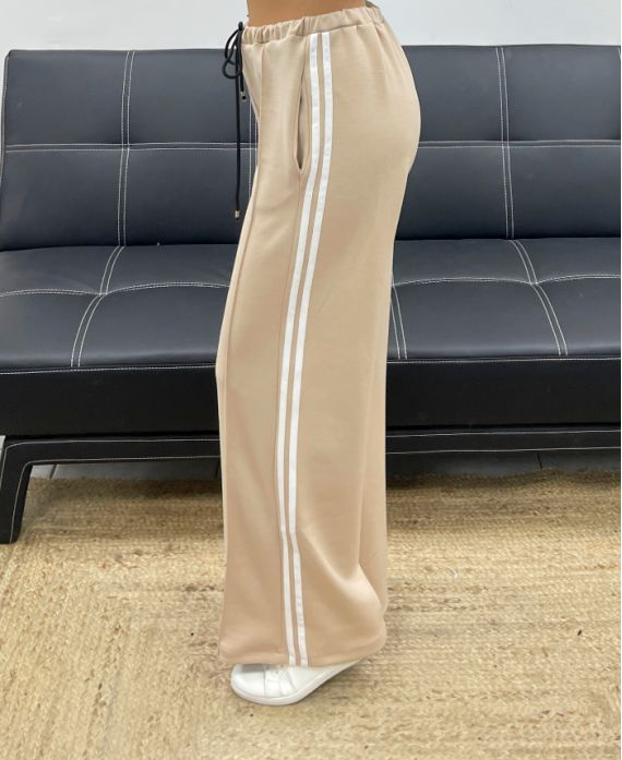 Pantalon 2 poches beige à rayures blanches