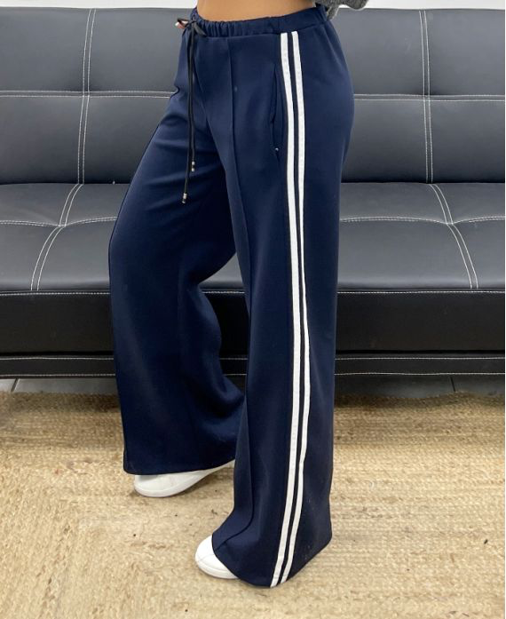 Pantalon 2 poches marine à rayures blanches