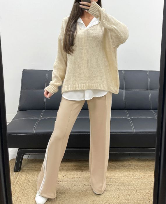 Pantalon 2 poches beige à rayures blanches