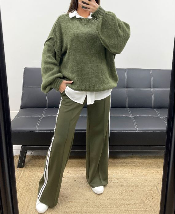 Pantalon 2 poches kaki à rayures blanches