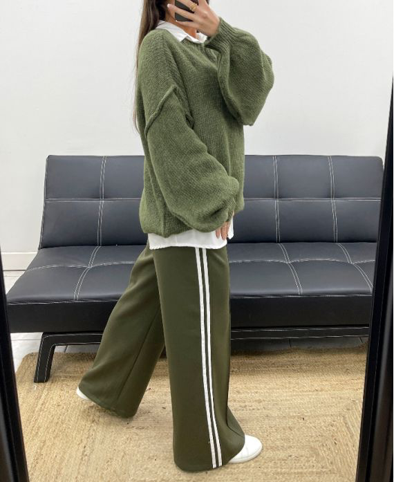 Pantalon 2 poches kaki à rayures blanches