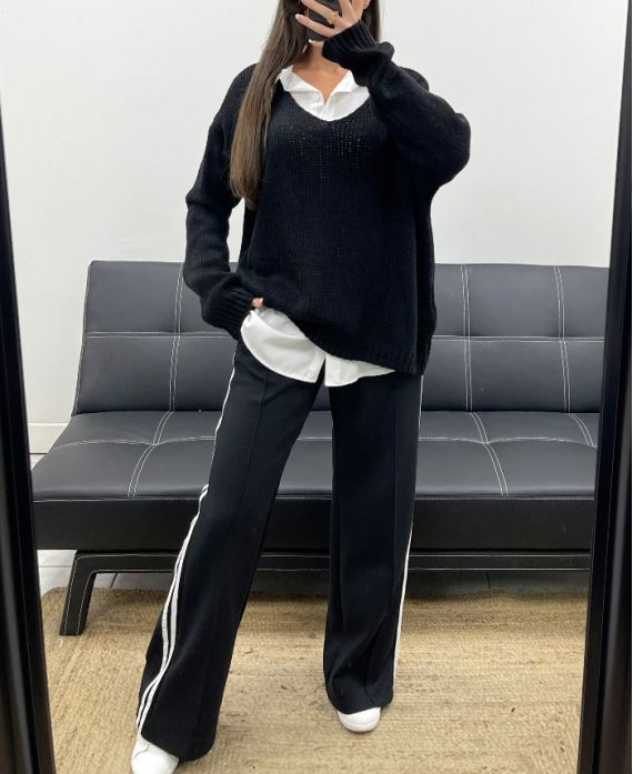 Pantalon 2 poches noir à rayures blanches