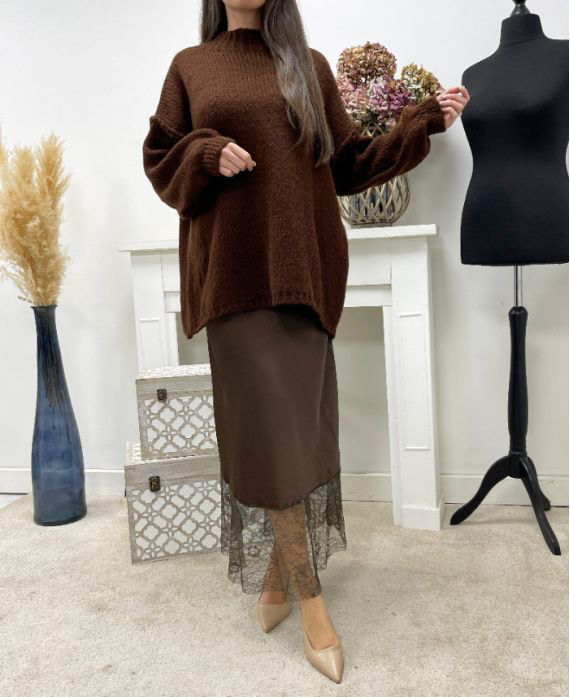 Jupe longue chocolat dentelle et satin