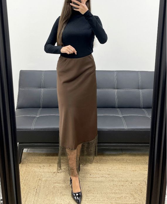 Jupe longue chocolat dentelle et satin