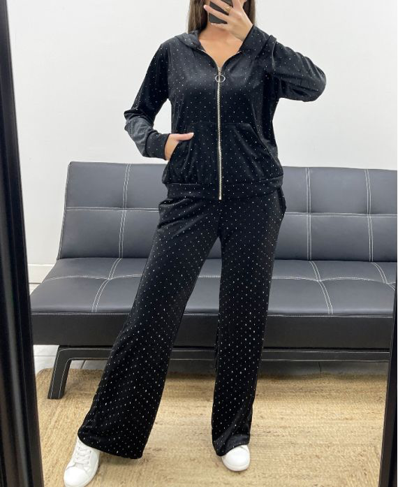 Ensemble noir velours à capuche + pantalon 2 poches clouté