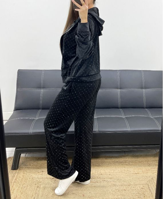 Ensemble noir velours à capuche + pantalon 2 poches clouté