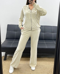 Ensemble beige velours veste à capuche + pantalon 2 poches clouté