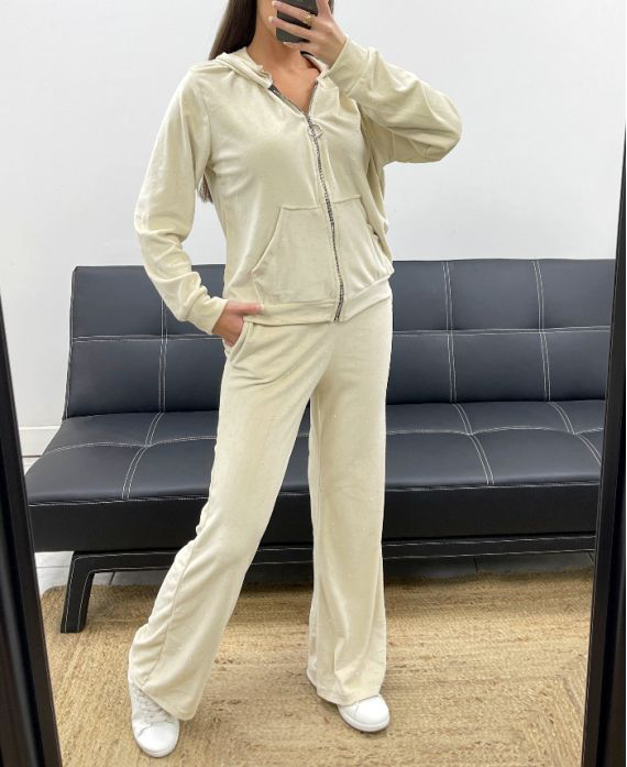 Ensemble beige velours veste à capuche + pantalon 2 poches clouté