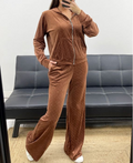 Ensemble chocolat velours veste à capuche + pantalon 2 poches clouté