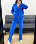 Ensemble bleu velours veste à capuche + pantalon 2 poches clouté
