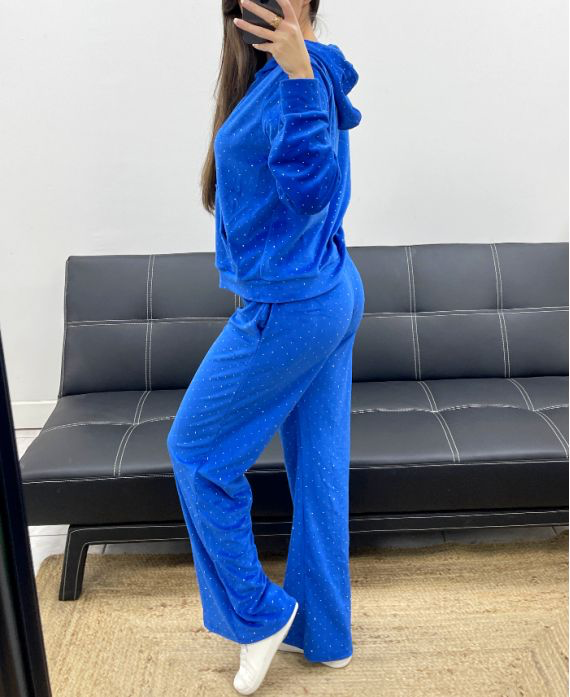 Ensemble bleu velours veste à capuche + pantalon 2 poches clouté