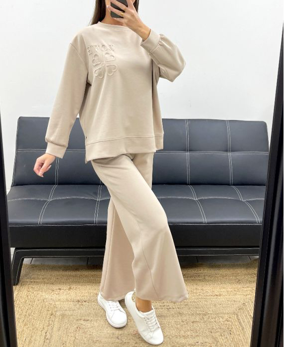 Ensemble beige sweat oversize LOVE + pantalon 2 poches
