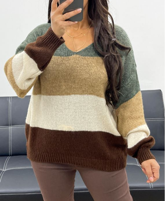 Pullover doux multicolore col V kaki