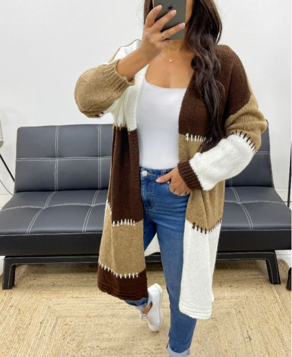 Gilet doux multicolore chocolat - Camel - blanc