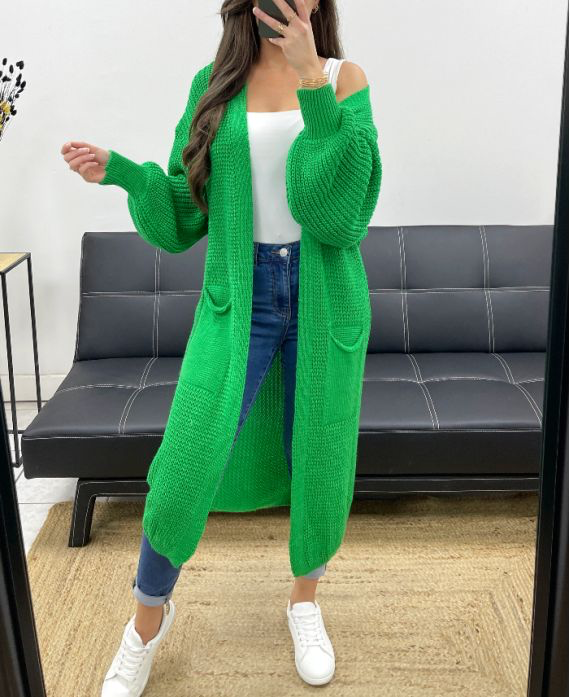 Gilet long en mailles vert avec 2 poches