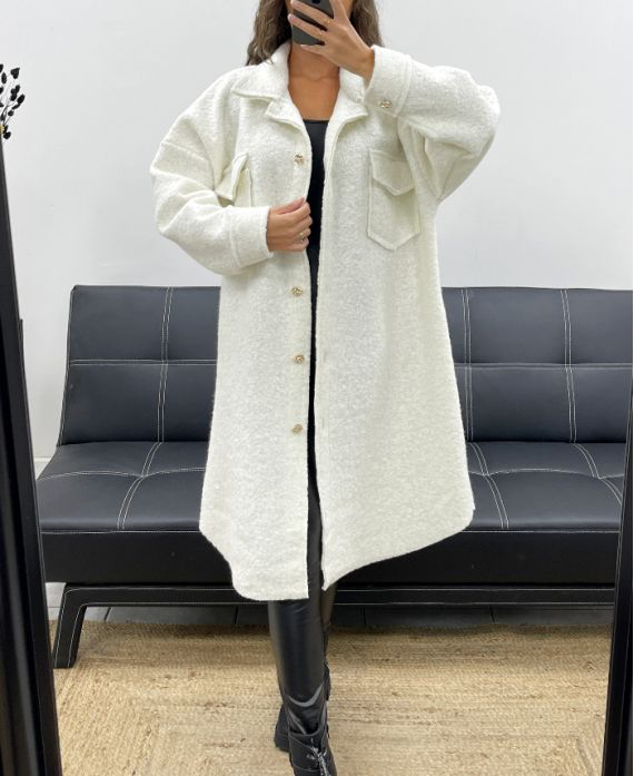 Surchemise longue effet laine bouclée blanc