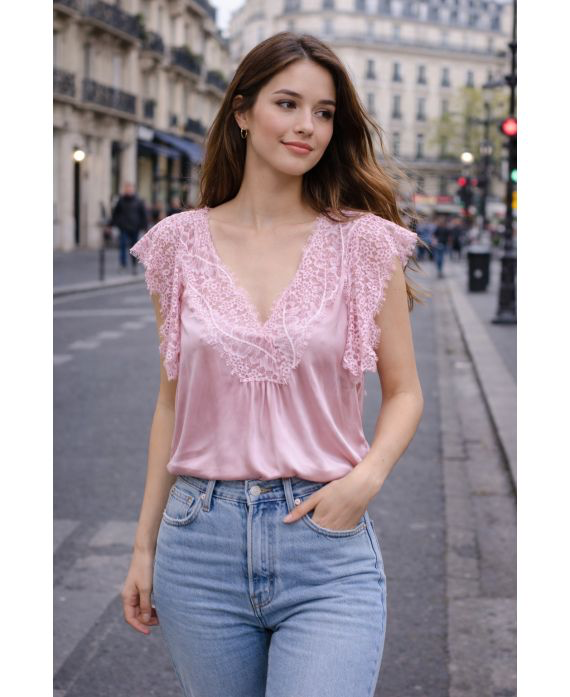 Top satin long a dentelle rose