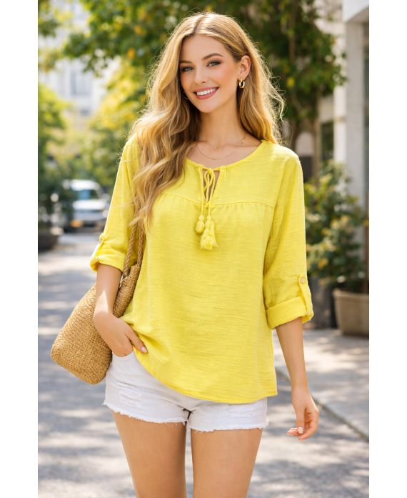 Tunique coton à pompons jaune
