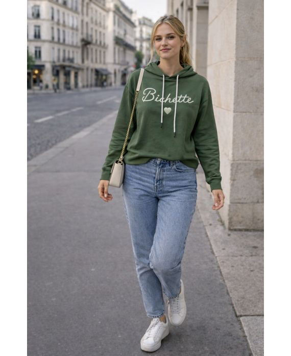Sweat-shirt à capuche bichette kaki