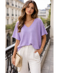 Pull manches courtes col V lila
