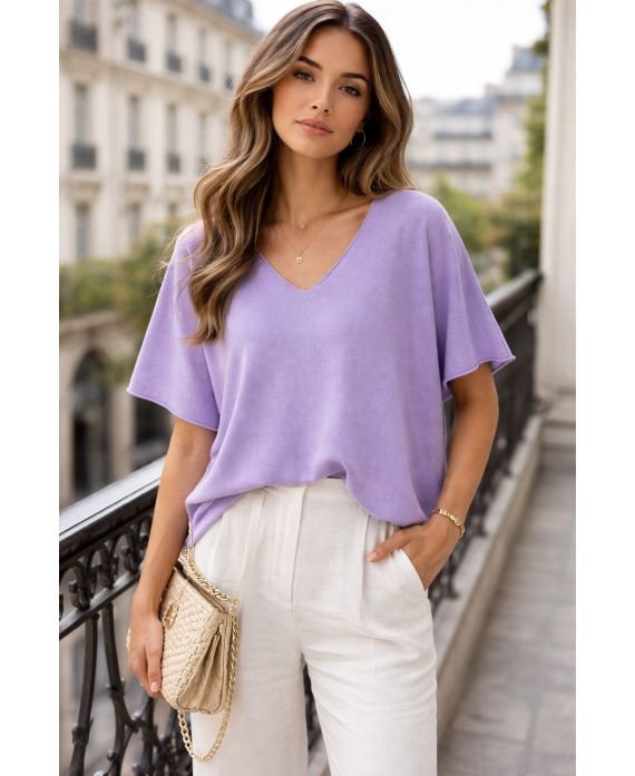 Pull manches courtes col V lila