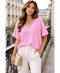 Pull manches courtes col V rose