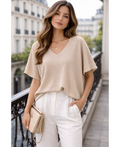 Pull manches courtes col V beige