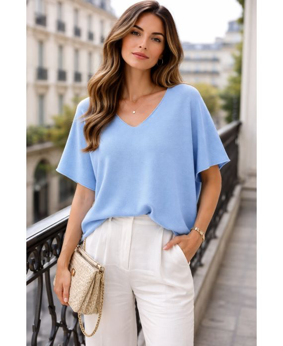 Pull manches courtes col V bleu