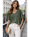 Pull manches courtes col V kaki