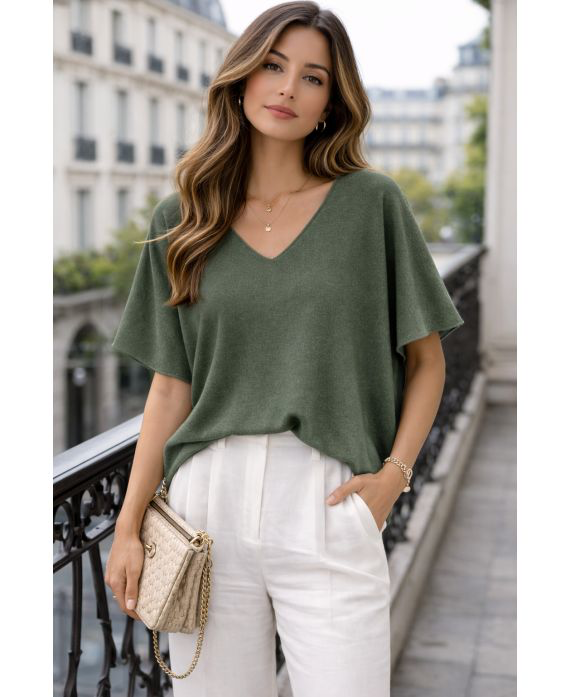 Pull manches courtes col V kaki