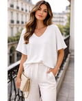 Pull manches courtes col V blanc