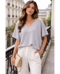 Pull manches courtes col V gris