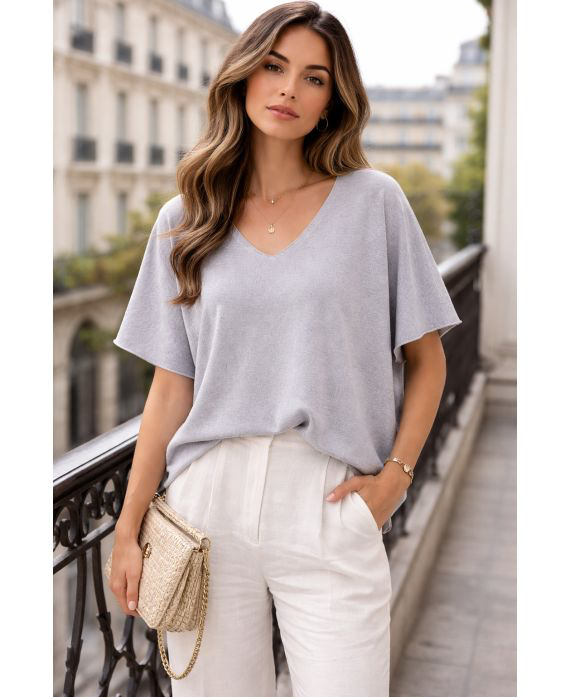 Pull manches courtes col V gris