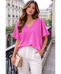 Pull manches courtes col V fushia
