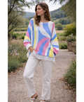 Pull oversize imprimée base dentelle bleu