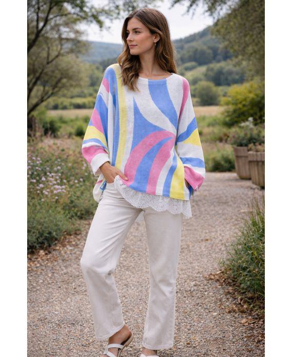 Pull oversize imprimée base dentelle bleu