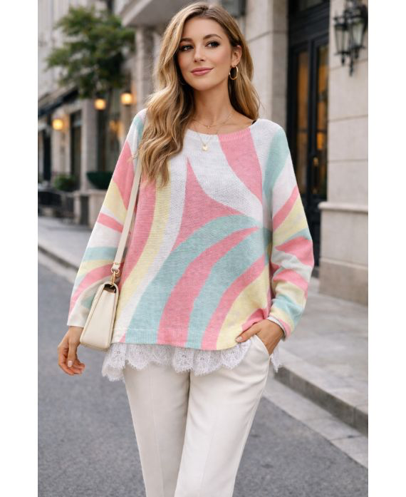 Pull oversize imprimée base dentelle corail