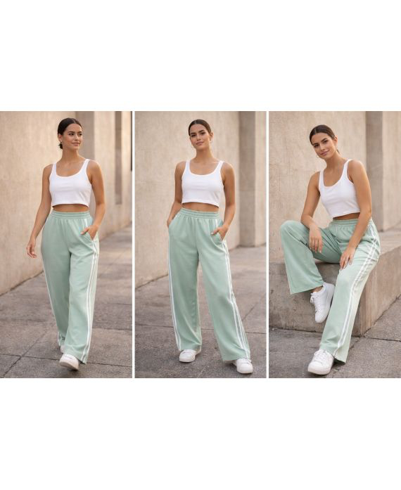 Pantalon large 2 poches 2 bandes vert