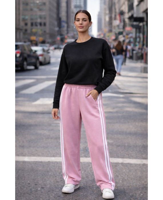 Pantalon large 2 poches 2 bandes rose