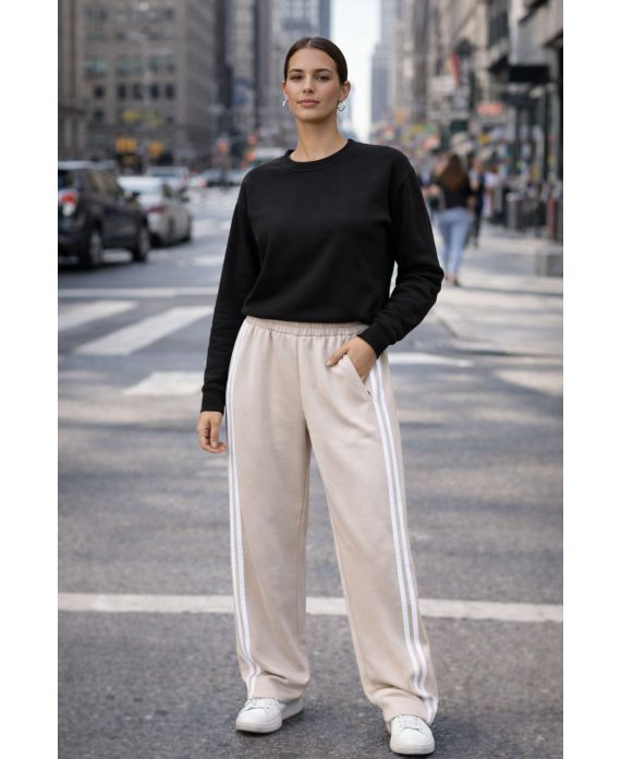 Pantalon large 2 poches 2 bandes beige