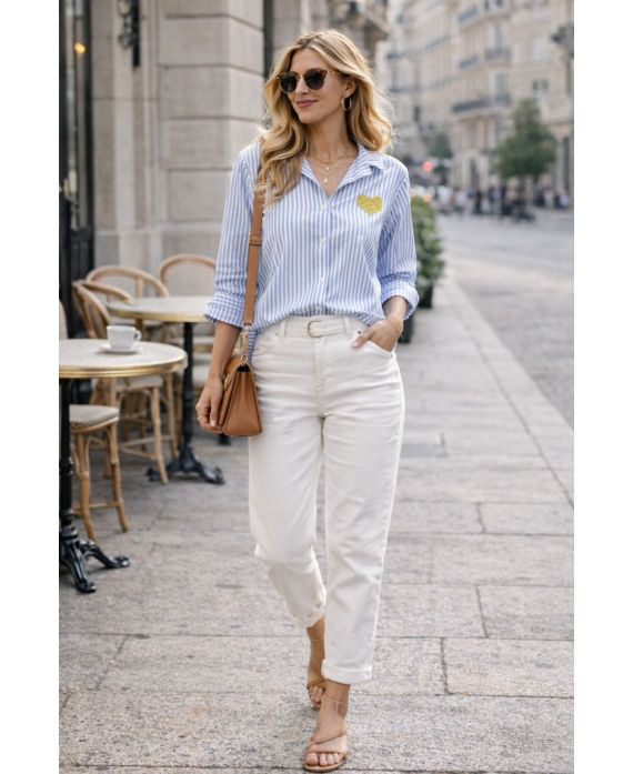 Chemise rayée cœur bleu clair