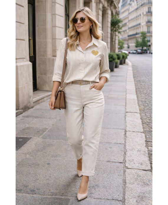 Chemise rayée cœur beige