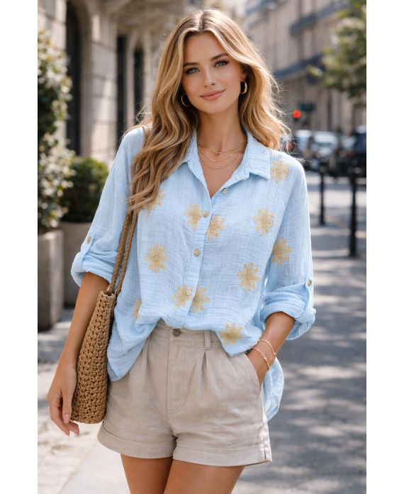 Chemise gaze de coton broderie bleu