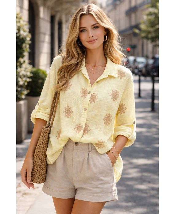 Chemise gaze de coton broderie jaune