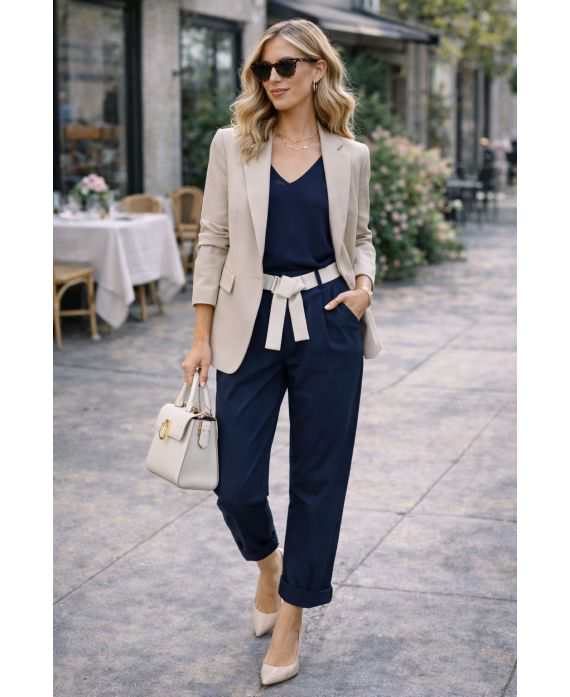 Pantalon taille élastique 2 poches + ceinture bleu marine