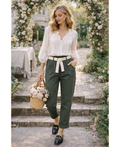 Pantalon taille élastique 2 poches + ceinture kaki