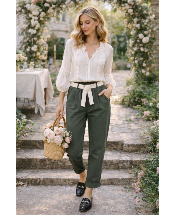 Pantalon taille élastique 2 poches + ceinture kaki
