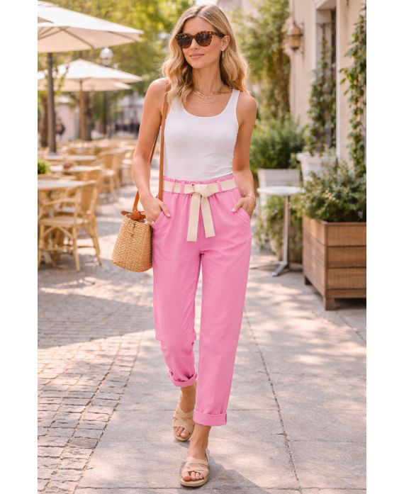 Pantalon taille élastique 2 poches + ceinture rose